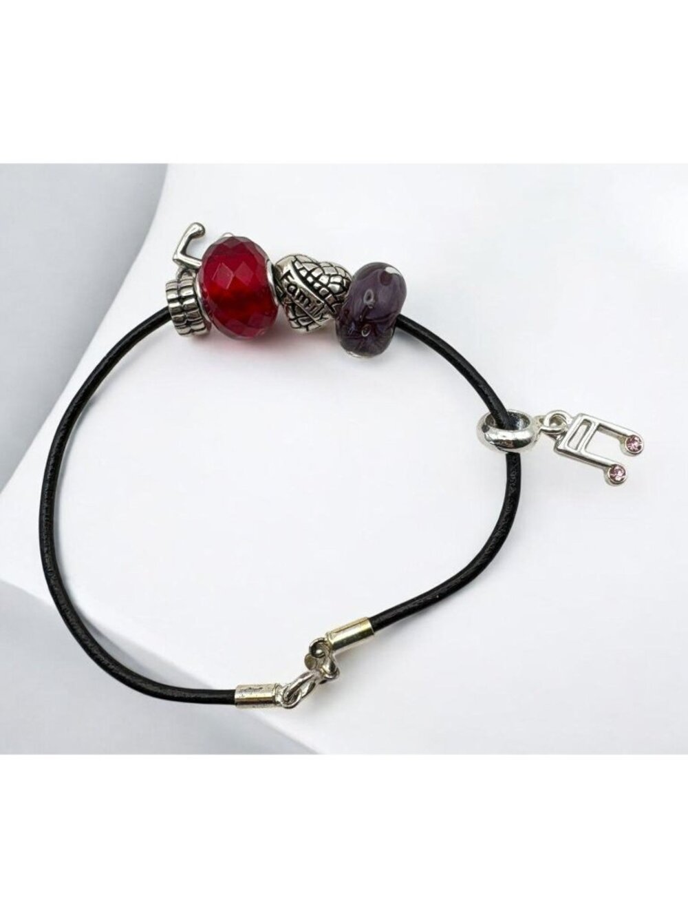 Music Note Charm Bracelet Red Purple Beads Family Black Cord Silver Tone